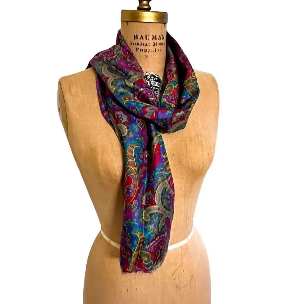 Vintage Greens and Pinks Paisley Silk long trimmed scarf